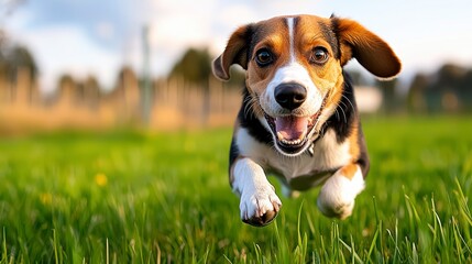 Beagle dog with a ball on a green meadow during sprin. Canine trio hound sphere verdant field springtime cheerful playful pet mammal nature joy outdoor recreation meadowland