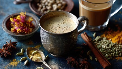 Aromatic spiced coffee drink in antique cup, surrounded by various spices