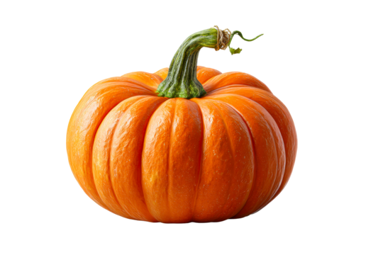 Bright orange pumpkin with green stem and curl
