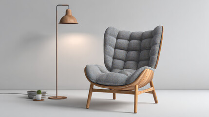 Modern gray armchair with wooden frame and floor lamp on white background