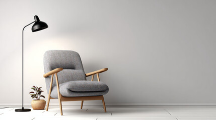 Modern gray armchair with wooden frame and floor lamp on white background