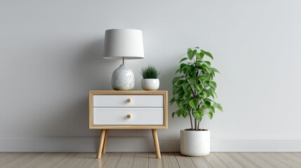 Modern minimalist nightstand with lamp and greenery on white background