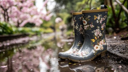 Floral rain boots in a garden puddle