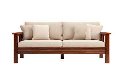  Modern minimalist wooden sofa with beige cushions on white background