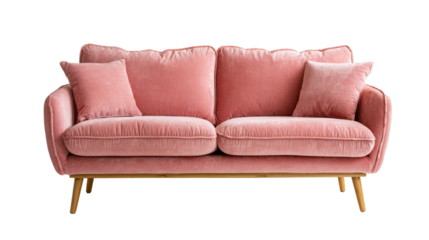  Modern pink sofa with wooden legs and soft cushions on white background