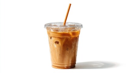 Iced coffee in a clear plastic cup with a straw
