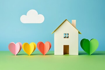 Dream home concept paper house with colorful hearts and cloud on blue background art