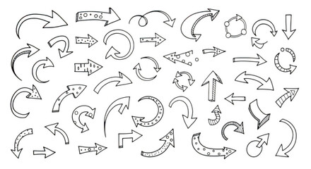Fototapeta premium Collection of hand drawn sketchy arrows in various styles and directions