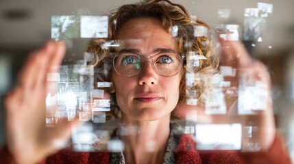 Woman analyzing business trends through AI-driven augmented reality