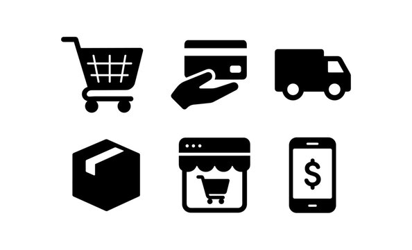 Essential shopping and delivery icon set in simple black and white design