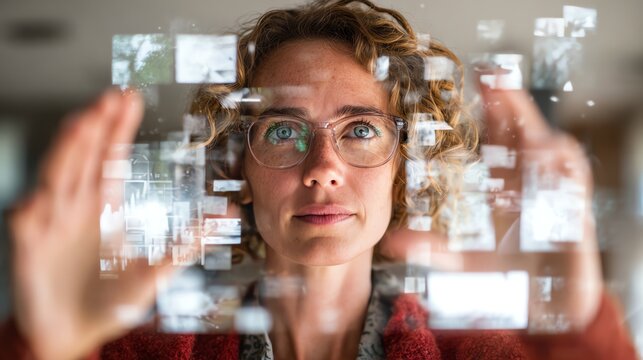 Woman analyzing business trends through AI-driven augmented reality