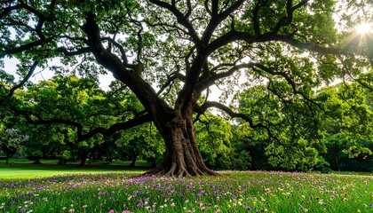 Fototapeta premium Majestic old tree casting shade over a vibrant meadow.