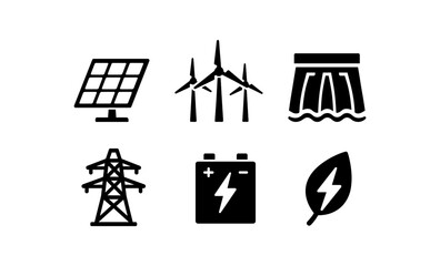 Renewable energy icons set featuring solar, wind, hydroelectric, and more in bold silhouette style