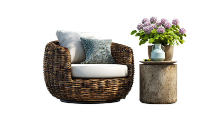 Stylish wicker patio set armchair side table flowers on white backgroundStylish wicker patio set armchair side table flowers on white background
