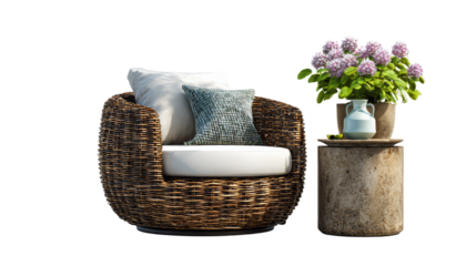 Stylish wicker patio set armchair side table flowers on white backgroundStylish wicker patio set armchair side table flowers on white background