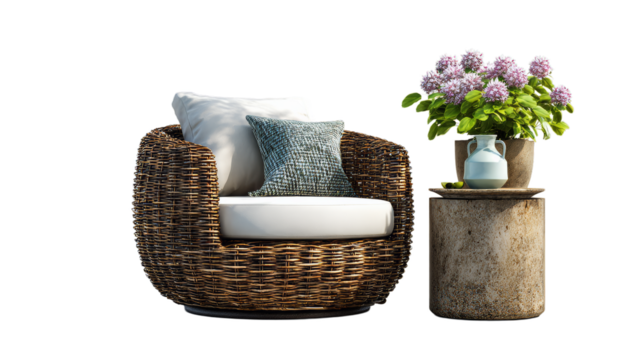 Stylish wicker patio set armchair side table flowers on white backgroundStylish wicker patio set armchair side table flowers on white background