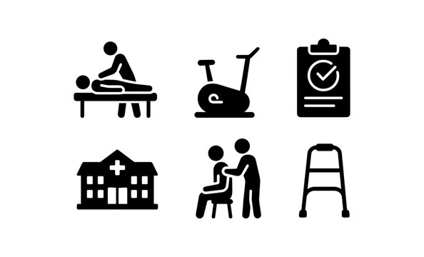 Essential healthcare and rehabilitation icons set for physical therapy
