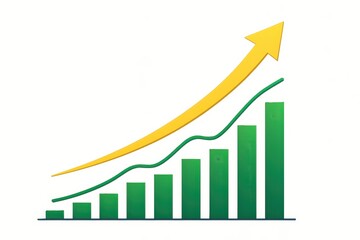 Green bar chart with two rising line graphs and yellow arrow on white background