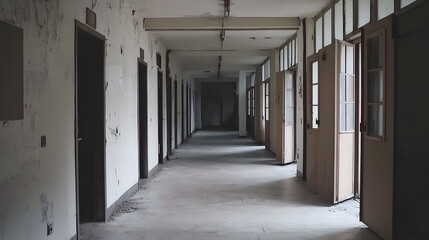 Dark and eerie hallway in an abandoned building with crumbling walls and ghostly shadows looming
