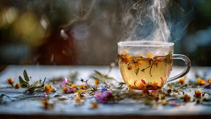 Floral herbal tea steaming in glass cup