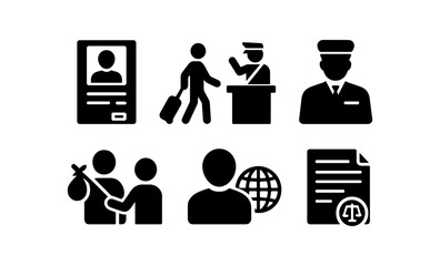 Airport and travel icons: passport, customs, luggage, pilots, security, immigration