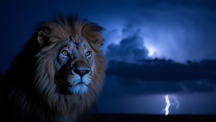 Majestic lion portrait with stormy night sky and lightning strikes photography