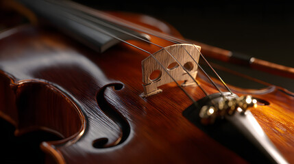 Fototapeta premium Close-up of a stringed instrument, focusing on its warm wood grain, bridge, and strings. A bow is gently placed, suggesting readiness for play.