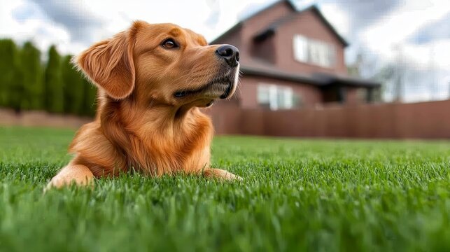 Golden dog lying on the green lawn in front of a bric. Canine resting on verdant turf before a brick construction domestic mammal pet golden hue outdoor repose tranquility