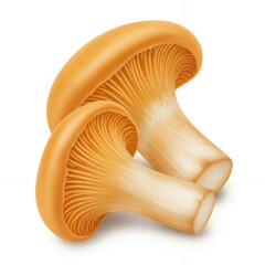 Fototapeta premium Two fresh chanterelle mushrooms displaying detailed gill structure and golden caps isolated on white background for food photography