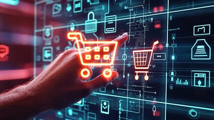 A hand interacts with a digital shopping cart icon on a futuristic interface. - Powered by Adobe
