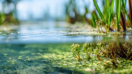 Captivating split level image revealing a vibrant underwater ecosystem with flourishing aquatic plants, delicate stems reaching towards serene water and a blurred backdrop of reeds and blue sky