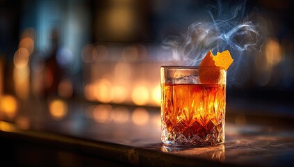 A cocktail glass with a warm amber drink, orange zest, and steam