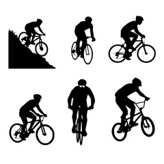 Obraz premium Mountain bikers silhouettes collection riding on downhill slopes and flat terrain for extreme sports and outdoor adventure promotions