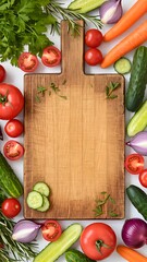 A blank top-down wooden cutting board surrounded by fresh, vibrant vegetables, herbs, and spices, ideal for food, recipe, or cooking-related mockups.