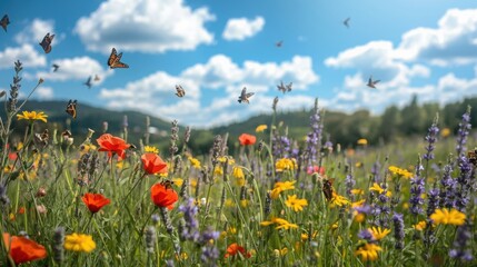 A vibrant meadow filled with wildflowers and butterflies under a cloudy blue sky in the countryside