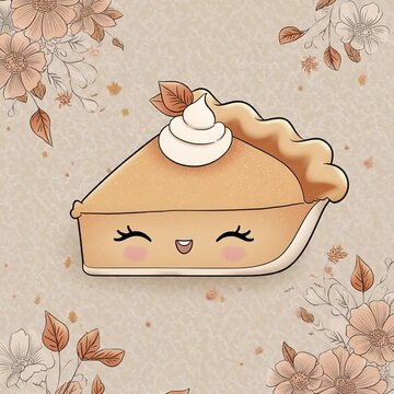Cute kawaii pumpkin pie slice with a smiling face winking