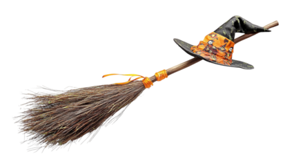 • A whimsical Halloween broomstick with a witch hat, isolated on white background in HD 