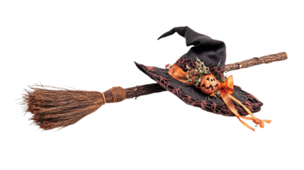 • A whimsical Halloween broomstick with a witch hat, isolated on white background in HD 