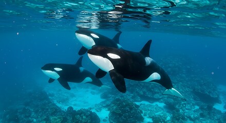 Obraz premium Orca Pod Swimming in a Coral Reef