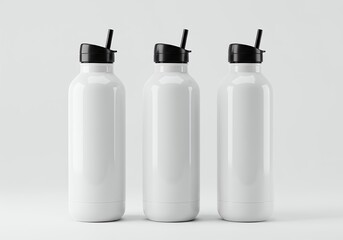 White insulated stainless steel water bottles with black straw flip lids on neutral background for custom branding and promotional merchandise mockup