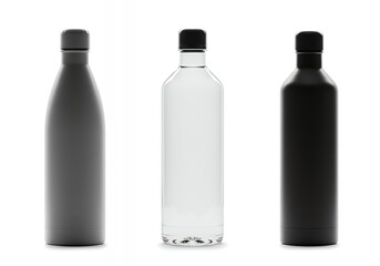 Naklejka premium Minimalist reusable water bottle mockup collection on white background with grey insulated bottles, clear glass, and sports straw lids for branding design