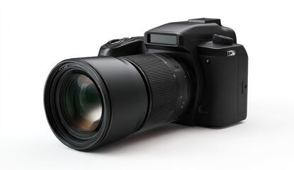 Black DSLR camera with large lens, isolated on white (1)