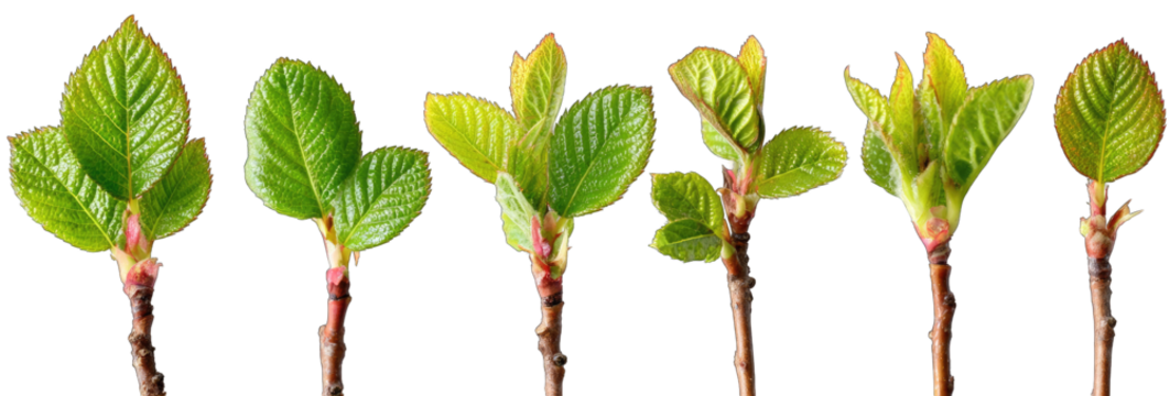 Young leaves emerging from stems.  Developing buds and leaves in various stages of growth