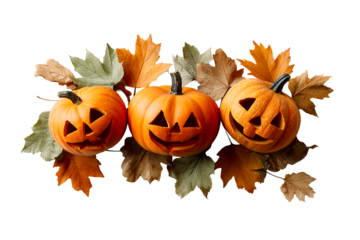Halloween pumpkins with cheerful faces and leaves
