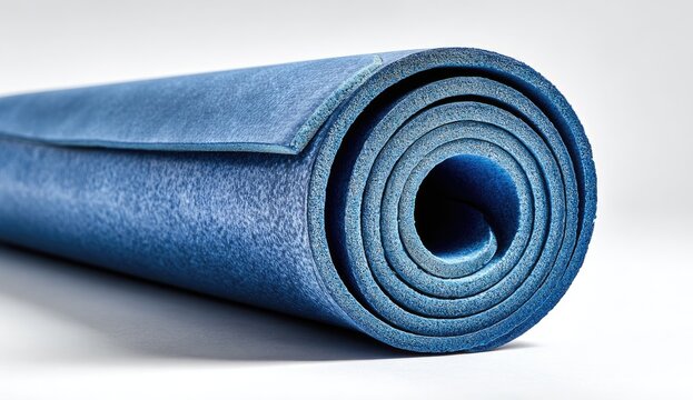Rolled-up blue exercise mat against white background