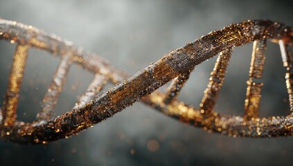 Golden-hued, textured DNA helix in smoky background