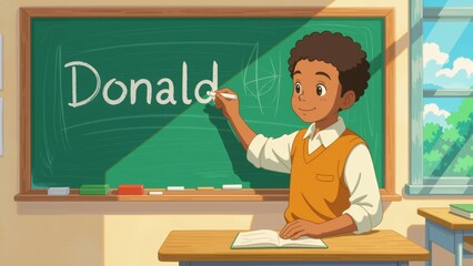 Kid writing name on chalkboard in college classroom, friendly expression, curly hair, orange vest, open book, other supplies. Concept of Kid writing name on chalkboard in educational setting.