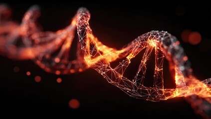 Abstract DNA helix, glowing orange,  wireframe