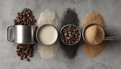 Four metal containers holding different ingredients, including coffee beans, a light powder, a dark powder, and a light brown powder, atop a gray stone surface. 