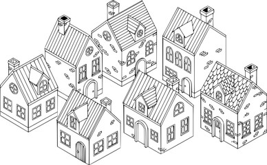 Town house cottage set, isometric 3d style
